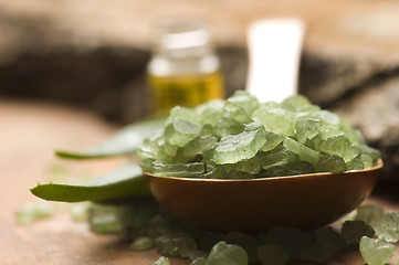 Image showing Aloe vera with bath salt and massage oil