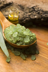 Image showing Aloe vera with bath salt and massage oil