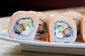 Image showing shrimp and eel sushi roll