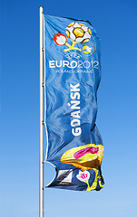 Image showing GDANSK, POLAND - MAY 1: A flag with the official logo for UEFA EURO 2012, Gdansk, Poland, May 1, 2012