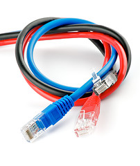 Image showing Black, red and blue UTP cords with RJ-45 Connectors 