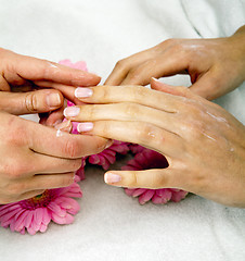 Image showing feminin hands with a treatment doing a manicure closeup