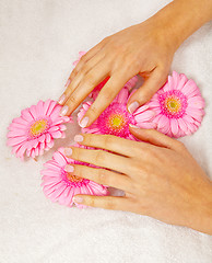 Image showing feminin hands with a treatment doing a manicure closeup