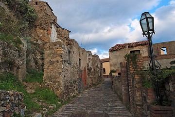 Image showing Paved medieval street with ruined house in Savoca village, Sicily, Italy