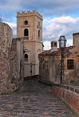 Image showing Paved medieval street with church belfry in Savoca village, Sicily, Italy