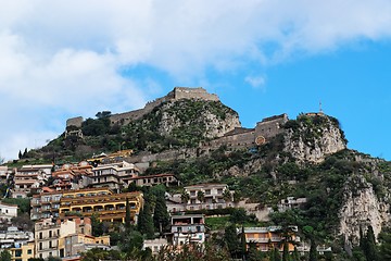 Image showing Monte Tauro with Saracen Castle and Santuario Madonna della Rocca above Taormina in Sicily, Italy