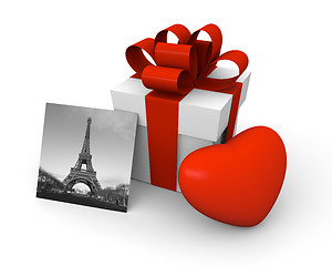 Image showing Valentine's Day gift box with a big red heart and Eiffel Tower