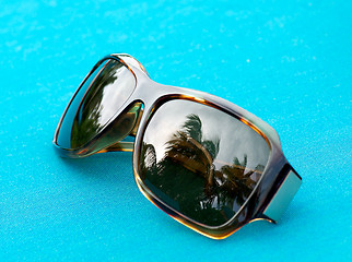 Image showing Brown sunglasses with palm reflection