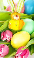 Image showing tulip wit eastern eggs a rabbit and letters in different colours