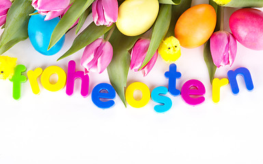 Image showing tulip wit eastern eggs a rabbit and letters in different colours