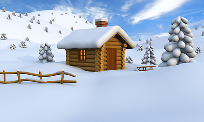 Image showing Log cabin in winter