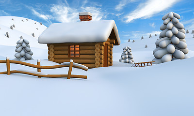 Image showing Log cabin in snow