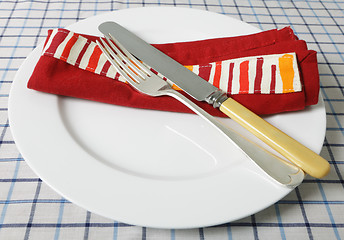Image showing Knife, fork, table and napkin