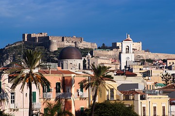 Image showing View from sea of Milazzo town in Sicily, Italy, with medieval castle on hilltop