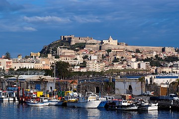 Image showing View from sea of Milazzo town in Sicily, Italy, with medieval castle on hilltop