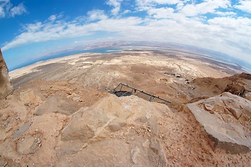 Image showing Fisheye view of desert landscape under Masada fortress near the Dead Sea