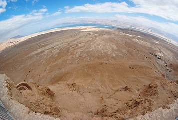 Image showing Fisheye view of desert landscape near the Dead Sea seen from Masada fortress