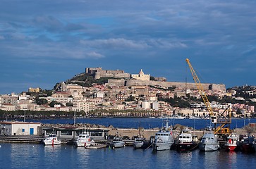 Image showing View from sea of Milazzo town in Sicily, Italy, with medieval castle on hilltop