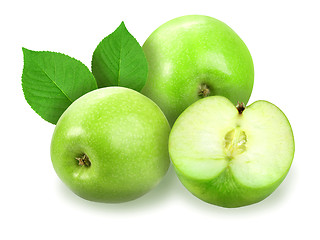 Image showing Heap of fresh green apples with green leaf