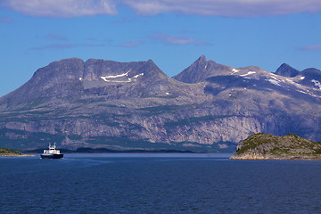 Image showing Ferry passing through fjord