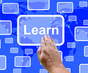 Image showing Learn Computer Button On Blue Screen Showing Online Learning And