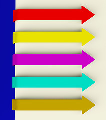 Image showing Five Multicolored Long Arrow Tabs Over Paper For Menu List Or No