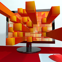 Image showing Three Dimensional Orange Squares On Computer Monitor Shows 3d Gr