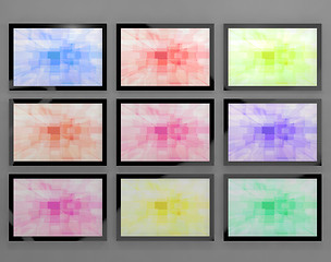 Image showing TV Monitors Wall Mounted In Different Colors Representing High D