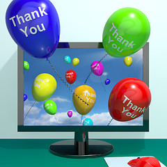 Image showing Thank You Balloons Coming From Computer As Online Thanks Message