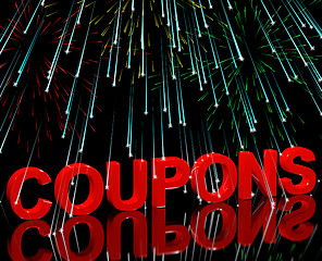 Image showing Coupons Word With Fireworks Showing Vouchers For Reductions Or D