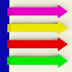 Image showing Four Multicolored Long Arrow Tabs Over Paper For Menu List Or No