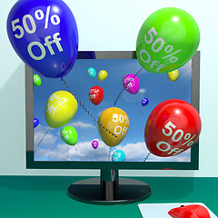 Image showing 50% Off Balloons From Computer Showing Sale Discount Of Fifty Pe