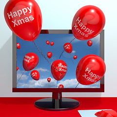 Image showing Red Balloons With Happy Xmas From Computer Screen For Online Gre