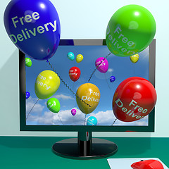 Image showing Free Delivery Balloons From Computer Showing No Charge Or Gratis