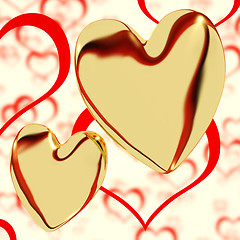 Image showing Gold Hearts On A Heart Background Showing Love Romance And Roman