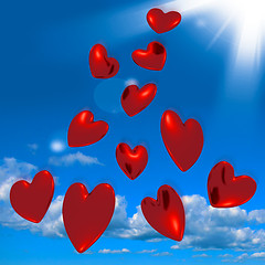 Image showing Metallic Red Hearts Falling From The Sky Showing Love And Romanc