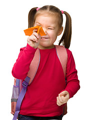 Image showing Portrait of a cute schoolgirl with backpack