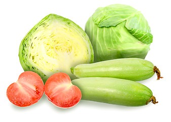 Image showing Green cabbage, marrow and red tomatos