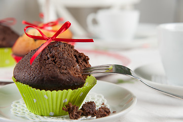 Image showing Partially eaten chocolate muffin with fork