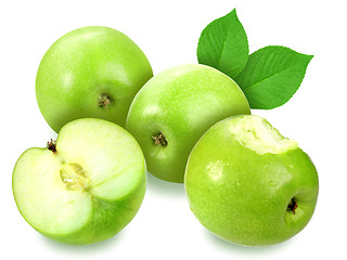 Image showing Apples with green leaf