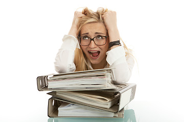 Image showing business woman with folder on desk workin isolated on white background