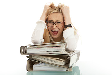 Image showing business woman with folder on desk workin isolated on white background