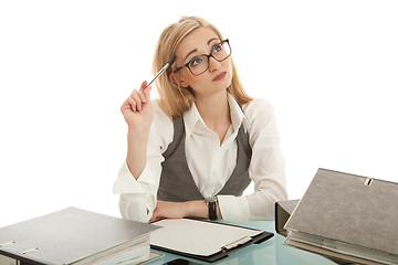 Image showing business woman with folder on desk workin isolated on white background