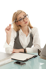 Image showing business woman with folder on desk workin isolated on white background