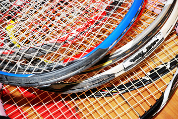 Image showing close up of old tennis rackets
