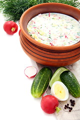 Image showing Cold yogurt soup with eggs, vegetables and meat.