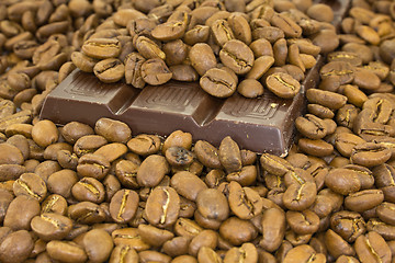 Image showing Chocolate bar and coffee beans