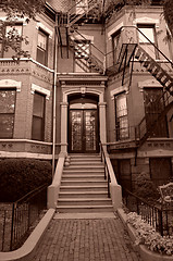 Image showing Sepia Toned Entry To Old Brownstone Boston