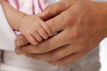 Image showing Baby Girl Hand Holding Rough Finger of Dad