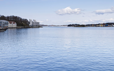Image showing coastline with town and harbor in norway